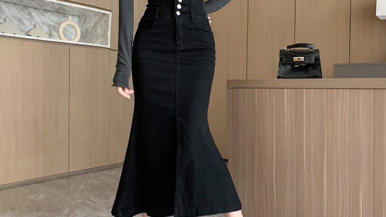 피쉬테일 데님 멜빵 블랙 스커트