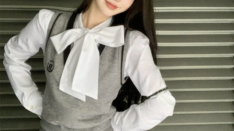 가을 긴팔 리본 블라우스 니트 베스트 미디 스커트 그레이 3피스 세트